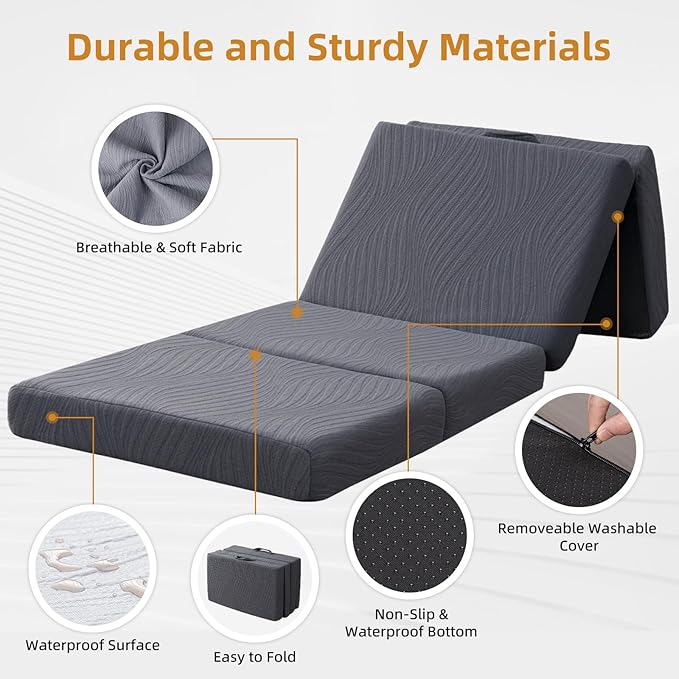Memory Foam Camping Mattress Pad, 3 Inch Thick Waterproof Foldable Sofa Bed Floor Mattress, Portable Sleeping Pad for Adult, Sleeping Mat for Travel RV Camping Guest Yoga