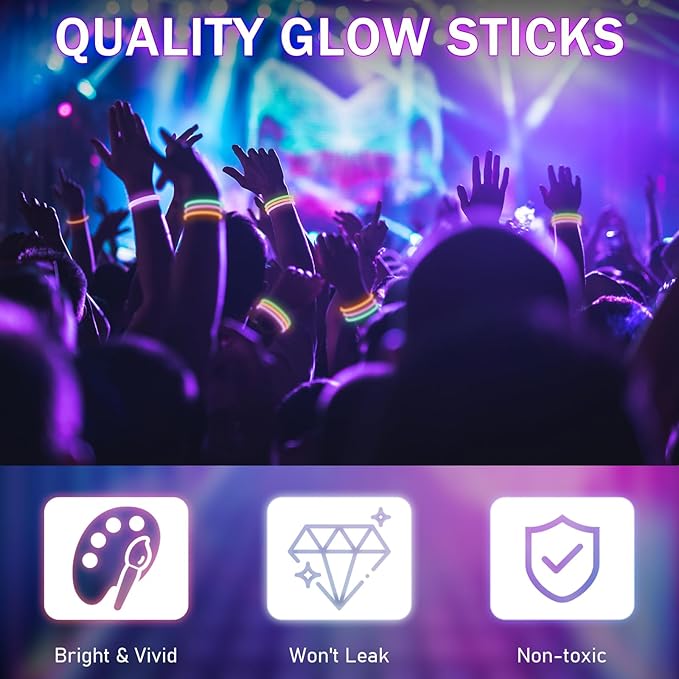 Hanaive 300 Pcs Glow Sticks Bulk 8 Inch Glow in The Dark Party Favors Neon Bracelets and Necklaces Light up Sticks with Connectors for Holiday Birthday Party Supplies(Orange, Green, Purple)