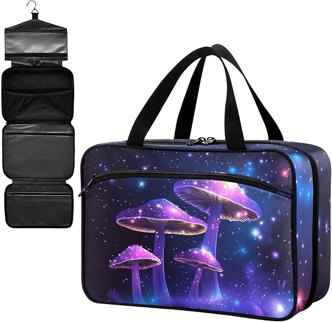 Fustylead Magic Aesthetic Purple Mushrooms and Stars Large Medical Storage Bag with Zipper Empty First Aid Bag Trauma Kit for Traveling Hiking Camping Backpacking
