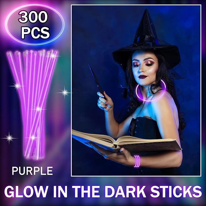 Hanaive 300 Pcs Glow Sticks Bulk 8 Inch Glow in The Dark Party Favors Neon Bracelets and Necklaces Light up Sticks with Connectors for Holiday Birthday Party Supplies(Purple)