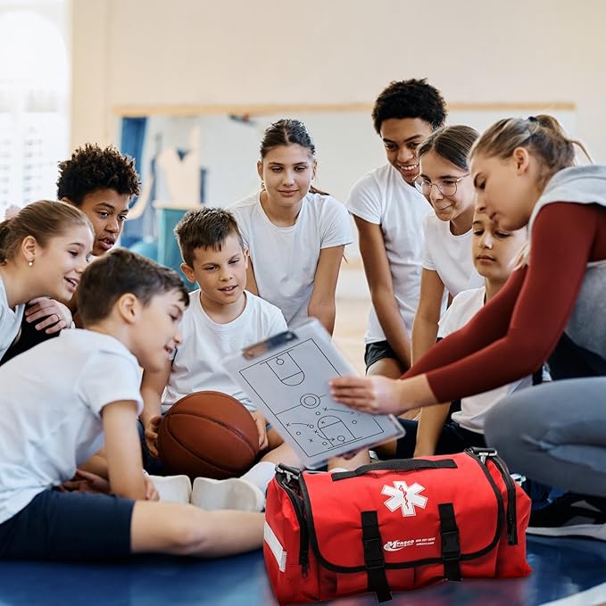 MFASCO Comprehensive School Classroom First Aid Kit - Red First Aid Trauma Bag - Emergency Bag with 200+ Supplies for First Responder - Economical for Schools & Groups - 10.5 x 7 x 7.5
