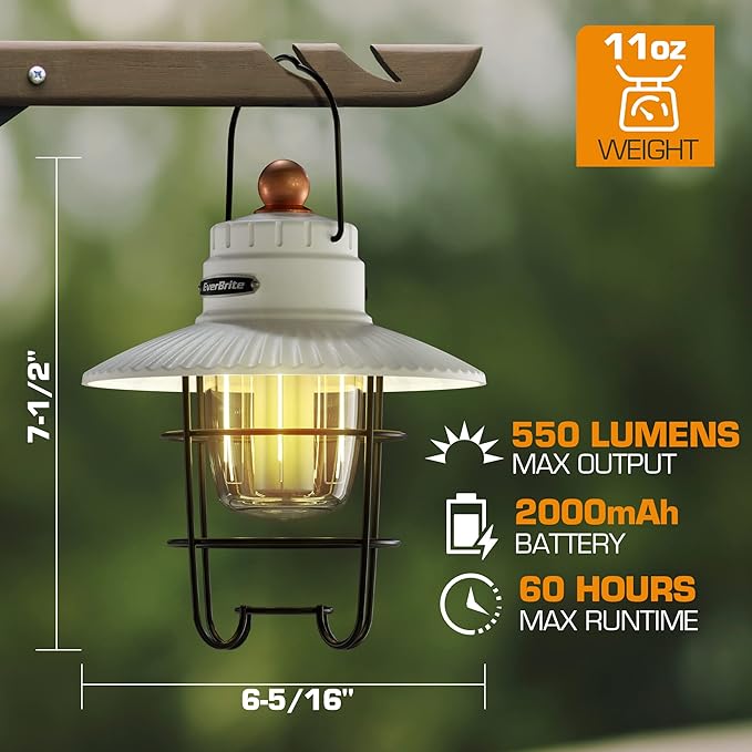 EverBrite LED Camping Lantern Pack of 2, USB C Rechargeable Lantern with 3 Light Modes, Vintage Outdoor Lanterns with Power Bank Function for Power Outages, Hurricane, Emergency, Fishing