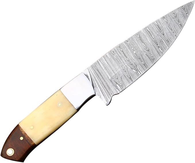 Fixed Blade Hunting Knife With Camel Bone Handle, Damascus Steel Sharp Blade, Full Tang - Leather Sheath for Outdoor Camping, Skinning, Hiking, Fishing, Bushcraft Survival (Bone Handle)