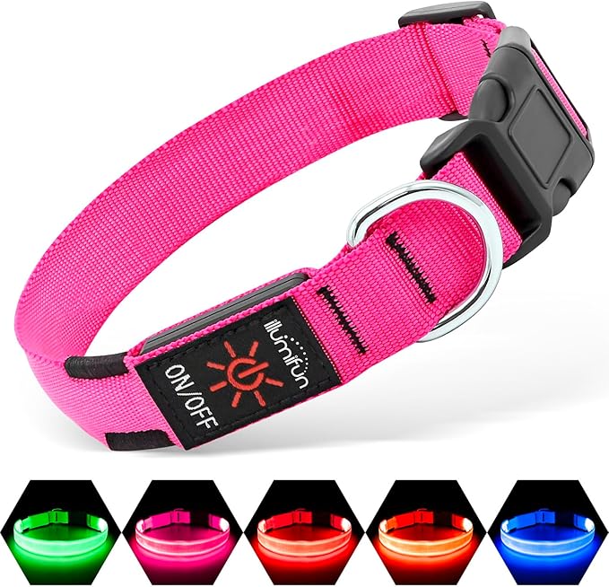 Illumifun Rechargeable LED Dog Collar, Waterproof Light Up Dog Collars Glow in The Dark, Adjustable Safety Collar Light for Dogs Walking Camping (Pink, Medium)