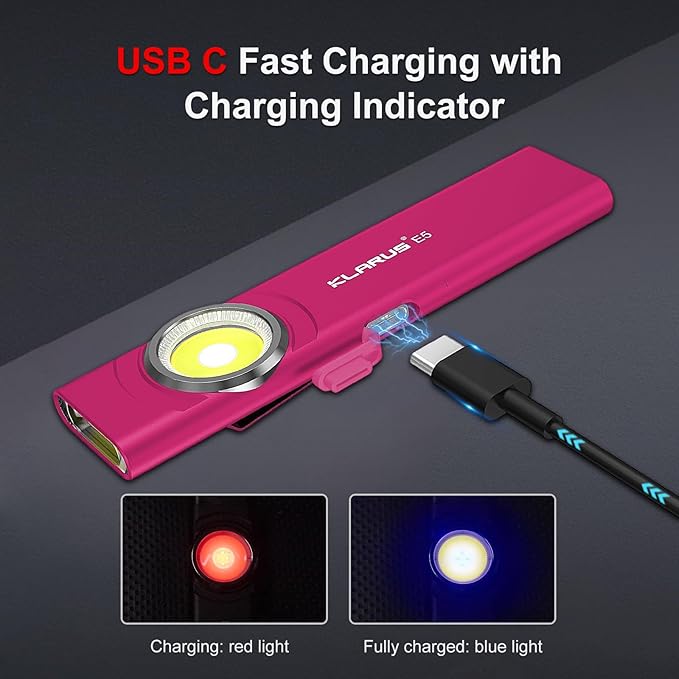 klarus E5 Pocket Flashlight, Rechargeable EDC Flashlight, Super Slim 4.2x1x0.3inch, 600 Lumens, USB-C Port, IPX4, Dual Light Source with Magnetic Base, Hat & Clothes Clip - Red