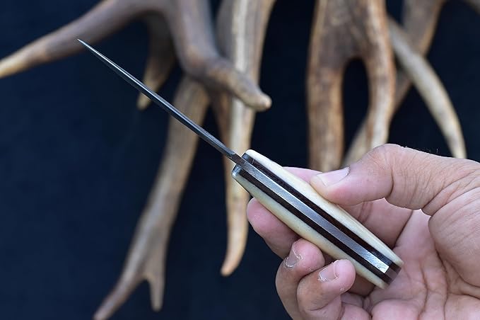 Knives Ranch Handmade EDC Fixed Blade Hunting Knife ??Forged Damascus Steel ??Bone Handle ??Horizontal Carry Sheath ??Outdoor Cowboy Knife (3180-B)