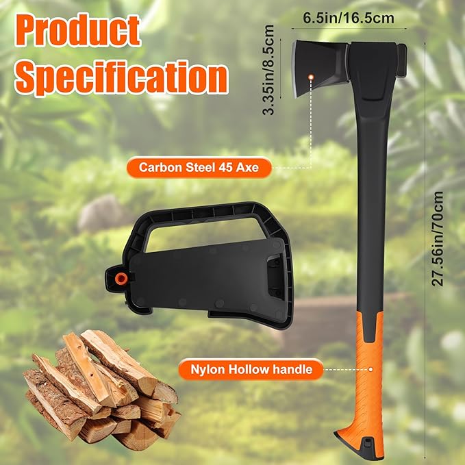 X28 Splitting Axe, 28” Camping Outdoor Hatchet for Wood Splitting and Kindling, Forged Carbon Steel Heat Treated Hand Maul Tool, Nylon Hollow Handle Shock Reduction Handle