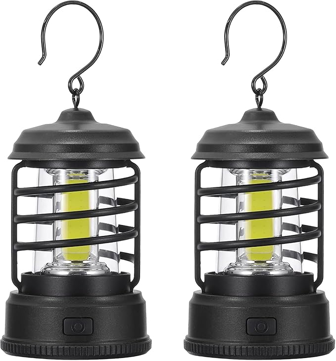 PATIKIL LED Camping Lantern, 2 Pack Vintage Lantern 2 Light Modes Portable Battery Powered Hanging Outdoor Tent Light for Camping, Hiking, Fishing, Black 5.91 Inch