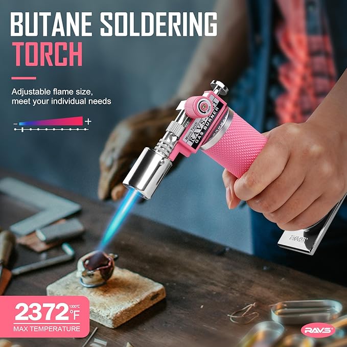 RAVS Refillable Butane Torch Lighter, Ultra Premium Gifts for Men, Kitchen Torch Lighter for Creme Brulee, Cooking Torch Gun with Adjustment Flame, Blow Torch for Cooking (Pink)