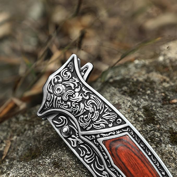 Pocket Knife with Sheath and Clip, 440C Stainless Steel Folding Knife 3D Retro Embossed Pattern, Gifts Christmas, Birthday, Father's Day (D-J37)