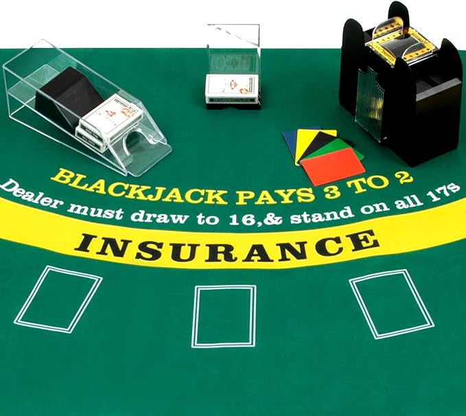 Aoriher Blackjack Game Combo Set, Include Blackjack Layout Felt,Shoe 6 Deck Automatic Card Shuffler Discard Holder Trays and 10 Cut Cards for Casino, Party Night(Green)