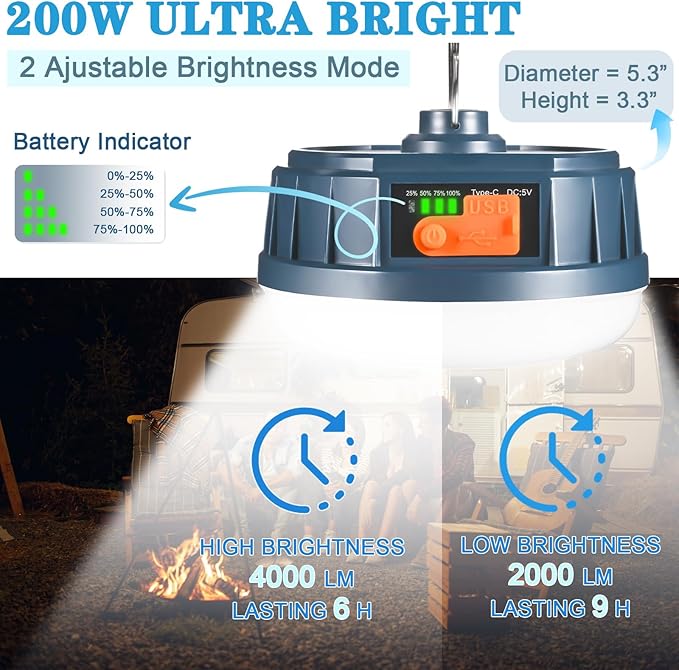 LED Hanging Camping Lantern Rechargeable Essentials, 200W Outdoor Camping Tent Lights for Camping Decor, 4000LM Waterproof Backpacking Lanterns for Power Outages, Emergency, Hurricane, Hiking