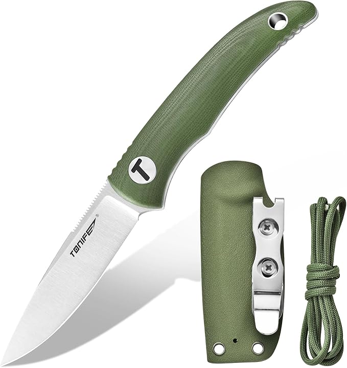 TONIFE Nova 2.68'' Blade Mini Neck Knife Full Tang Fixed Blade Knife with Kydex Sheath and Adjustable Paracord Lanyard for Camping Outdoor Survival Tool (Green+Satin)