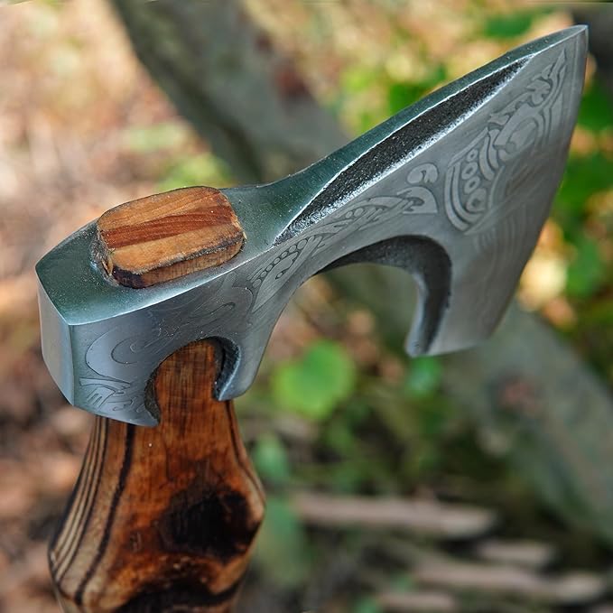 19" Custom Gift Hand Forged Viking Axe- Carbon Steel Camping Axe with Rose Wood Shaft - Viking Gifts for Men, Bearded Camping Axe (VALHALA 19)
