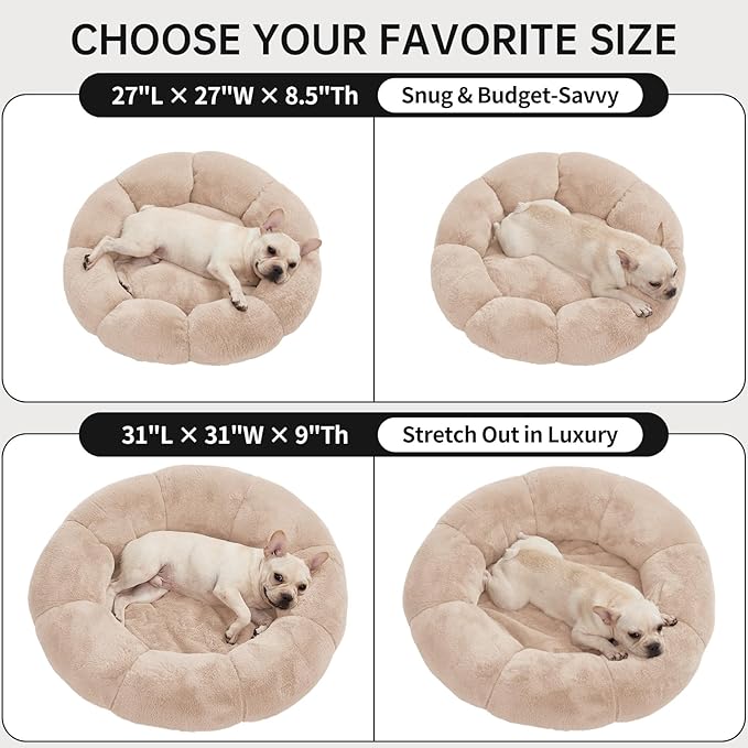 OhGeni 31 inches Calming Donut Orthopedic Dog & Cat Bed for Medium Pets, Warming Comfort Fluffy Short Pile Fur, Durable Waterproof Machine Washable Removable Cover, Cute Round Bed for Puppy, Cream