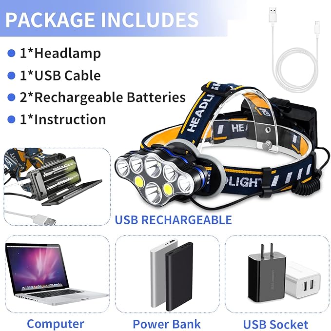 Rechargeable Headlamp, 8 LED 18000 Lumen Super Bright Waterproof Headlight with Red Lights, 8 Light Modes Head Lamp for Emergency Light Outdoors Fishing Hiking Camping Running (1, Yellow)