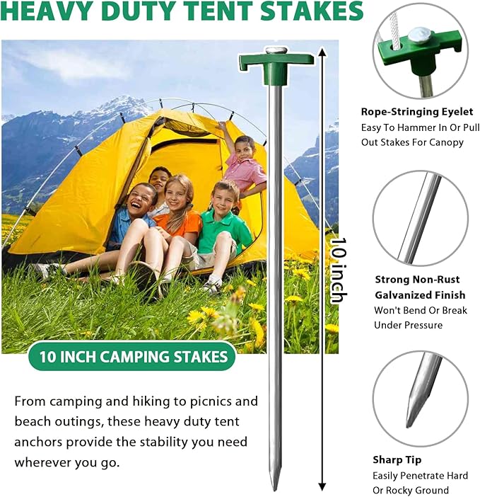 Eurmax USA Galvanized Non-Rust Camping Family Tent Pop Up Tent Stakes Ice Tools Heavy Duty 20pc-Pack, with 4x10ft Ropes & 1 Green Stopper