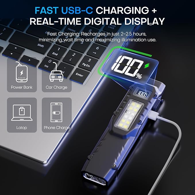 EDC Tactical Flashlight, Flat Flashlights Rechargeable,Dual-Switches LED Small Flashlight with Digital Display,Stainless Steel 8 Modes Pocket Flash Light for Home, Camping,and Emergency Use