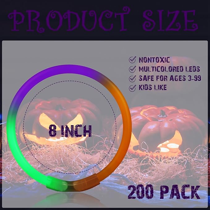 Wettarn 200 Pcs Halloween Glow Sticks 8" Halloween Bracelets Party Supplies Glow in The Dark Bracelets Orange Green Purple Light up Bracelet Party Favors Carnival Decorations