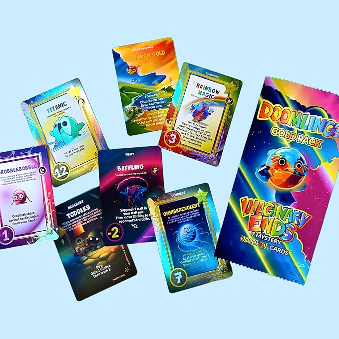 Doomlings Card Game: Imaginary Ends Expansion - Collectible Mystery Holofoils Gold Pack | Strategy Game for Kids, Teens & Adults | 2-6 Players, Ages 7+ (7 Holofoils)