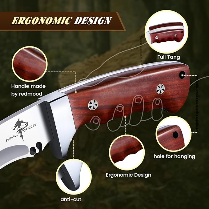 Purple Dragon Kukri Fixed Blade Knife With Sheath, 8 Inch Full Tang Heavy Duty Camping Knives - Gifts for Men