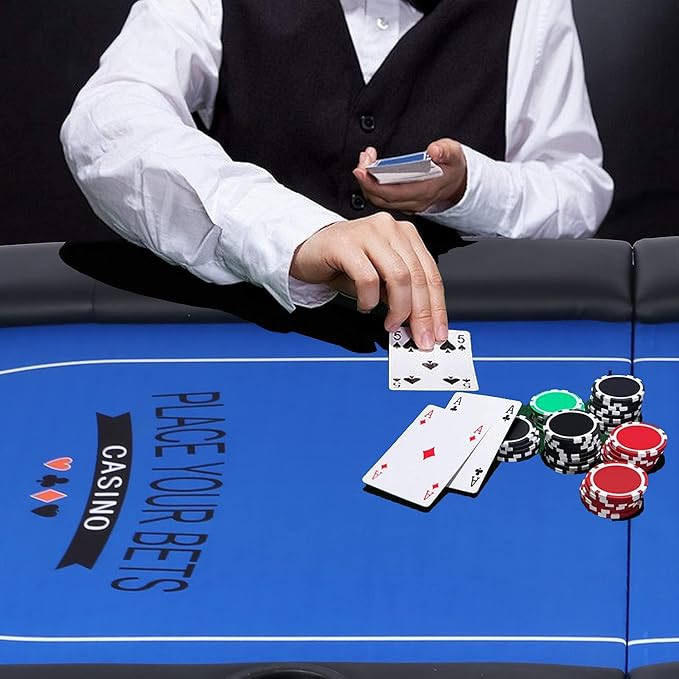 Upgraded 8 Player Poker Table with Plastic Cup Holder, Foldable Texas Hold'em Table, Portable Casino Table with Padded Rails, Blue Felt Surface, for Blackjack Card Game