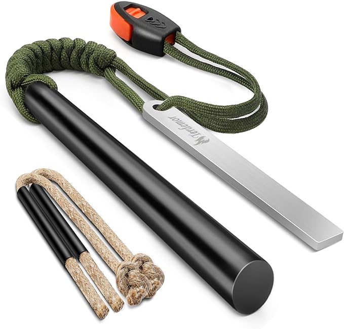 Ferro Rod Fire Starter Kit – 5" Flint and Steel with Two Waxed Tinder Cord & Paracord for Camping, Hiking, Outdoor Survival, Emergency Preparedness