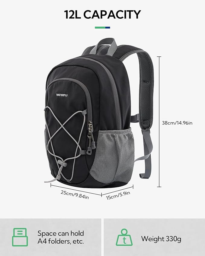 WATERFLY 12L Small Hiking Backpack: Day Pack Lightweight Travel Bag Camping Fitness Cycling Outdoor Sports Daypack For Women Men