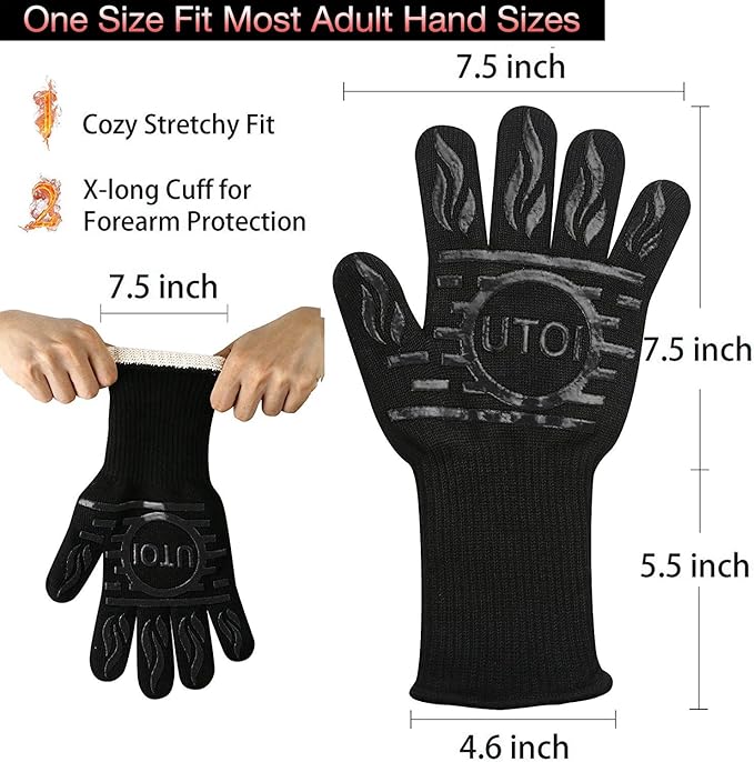 BBQ Grill Gloves, 1472°F Heat Resistant Barbecue Gloves Oven Mitts, Silicone Non-Slip Cooking Gloves for Kitchen, Grilling and Baking, EN407 Certified, 13 inch Long, Black, XL Size