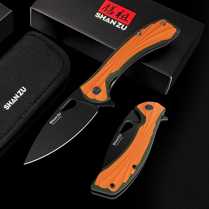 SHAN ZU Pocket Knife 3.2 in, Powder Steel Blade EDC Folding Knife for Men & Women, Utility Survival Knife with G10 Handle & Pocket Clip for Camping Fishing Hiking Hunting-Orange