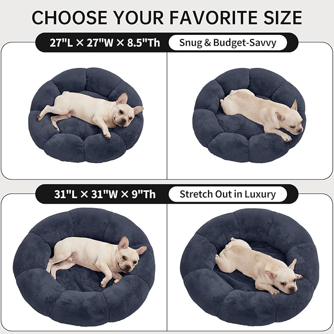 OhGeni 31 inches Calming Donut Orthopedic Dog & Cat Bed for Medium Pets, Warming Comfort Fluffy Short Pile Fur, Durable Waterproof Machine Washable Removable Cover, Cute Round Bed for Puppy, Blue