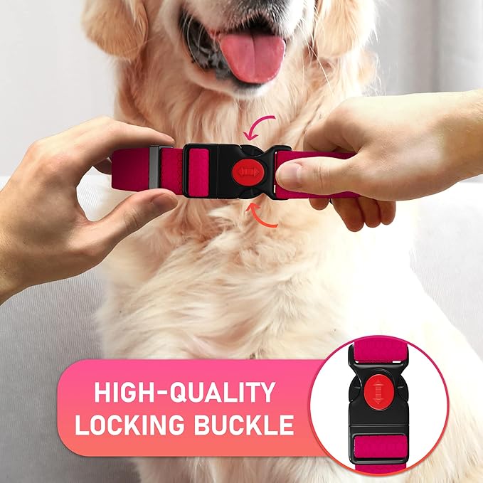 Adjustable Dog Collar with Safety Lock Buckle - Made in USA - Honeycomb Waterproof Heavy Duty Dog Collars for Medium Large Dogs - Odor Proof Pet Collar for Dogs with Strong Zinc D Ring (3/4", Pink)