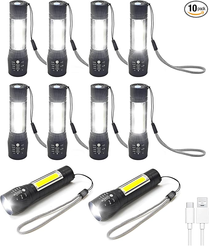 10 Pack LED Rechargeable Flashlight, Super Bright Small MiniCamping Flashlights Zoomable Beam, Convenient USB C Charging for Camping Hiking Outdoor Home Emergency (Style 6)