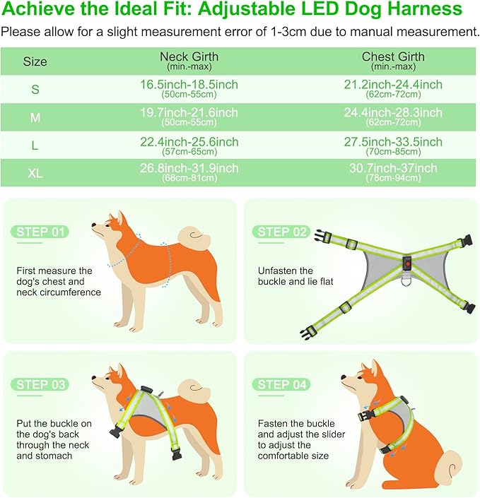 Visinite LED Dog Harness, USB Rechargeable Light Up Dog Vest, 2 Illuminate Modes Glow in The Dark Dog Harness, Adjustable Lighted Pet Harness Light for Night Walking Safety (Green, M)