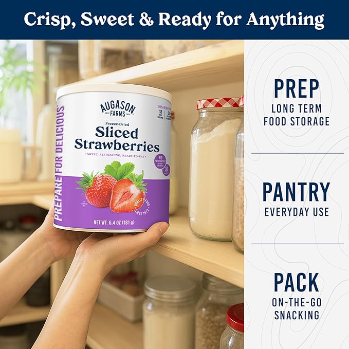 Augason Farms Freeze Dried Sliced Strawberries Can - Gluten Free Snack for Baking, Smoothies, and Emergency Storage - Healthy Individual Fruit Snacks ??6.5 Ounces (18 Servings)