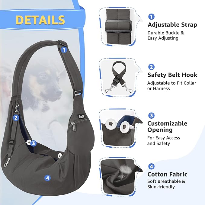 SlowTon Dog Carrier Sling - Thick Padded Shoulder Strap Adjustable Dog Carriers for Small Dogs, Puppy Carrier Purse for Pet Cat with Front Zipper Pocket Safety Belt Machine Washable (Grey M)