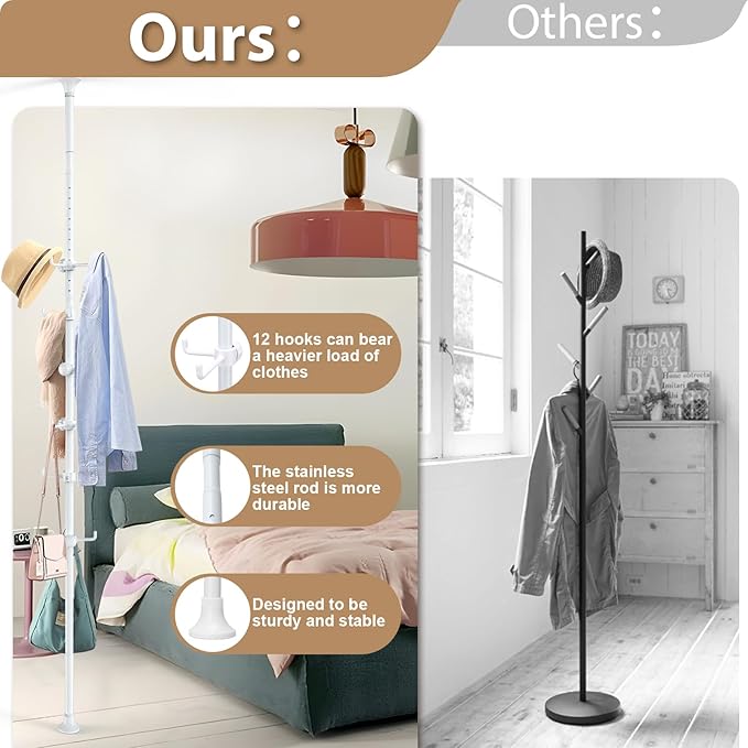 Coat Rack Freestanding, 56 to 125 inch Adjustable Tension Rod Coat Tree with 12 Hooks for Hanging Plant,Coat, Jacket, Hat, Scarf, Suitable for Living Room, Balcony, Kitchen White