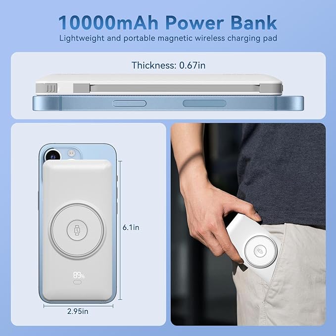 Magnetic 10000mAh Portable Charger for iWatch & iPhone, 22.5W USB C Fast Charging Wireless Power Bank Built-in Cables and Wall Plug, External Travel Battery Pack Compatible with iOS Android Devices