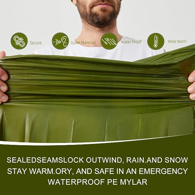 Emergency Sleeping Bag & LED Beanie Kit - Portable Bivy Sack Blanket, Winter Warm Knitted Hat with Light, Waterproof Survival Gear for Camping Hiking Adventure