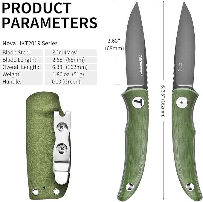 TONIFE Nova 2.68'' Blade Mini Neck Knife Full Tang Fixed Blade Knife with Kydex Sheath and Adjustable Paracord Lanyard for Camping Outdoor Survival Tool (Green+Grey Titanium)