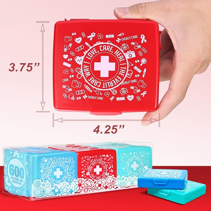 EVERLIT Pocket-Aid Mini First Aid Kit | Compact, Portable Hard-Shell Cases of 50 Items | Cuts, Scrapes, Wound Care Essentials for Travel, Outdoor, School, Camping, Home, Office (12 Packs | 600 Pcs)