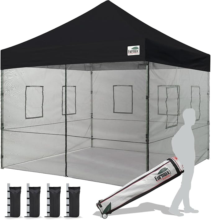 Eurmax USA 10'x10' Pop-up Canopy Tent Commercial Instant Canopies with 4 Removable Zipper End Food Service Wall kit and Roller Bag, Bonus 4 SandBags(Black)