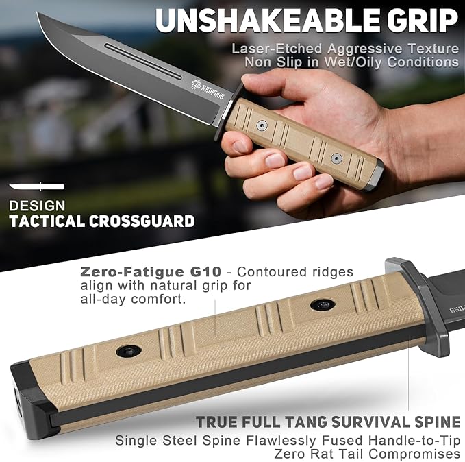 NedFoss BRAVE Fixed Blade Tactical Knife, 6.8" Full Tang Survival Knife with Kydex Sheath, D2 Steel Blade & Desert G10 Handle, Hunting/Camping Knife for Heavy-Duty Task, Outdoor Gifts for Men Women