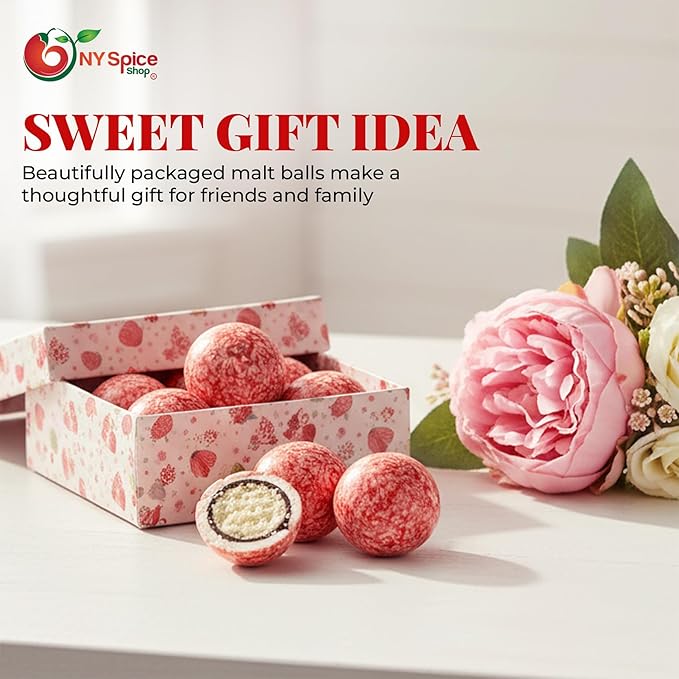NY Spice Shop Strawberry & Creme Chocolate Malt Balls Party Decorations - 8 Ounce Malted Milk Ball Candy Birthday Gifts - Chocolate Malted Milk Ball - Dark Chocolate Malt Balls Holiday Snacks