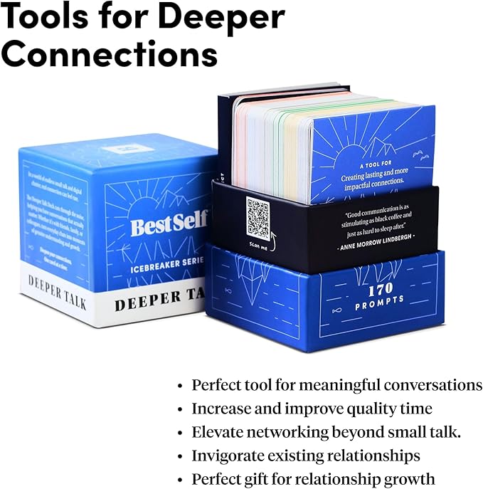 BestSelf Icebreaker Deeper Talk Deck - Conversation Starter Card Pack to Deepen Friendships with 170 Prompts to Create Real Conversations for Friends, Coworkers, Family, Dates