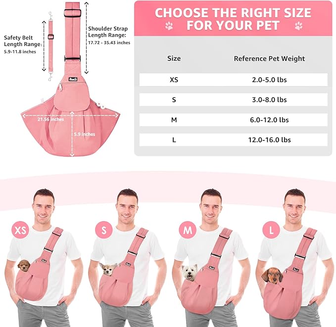SlowTon Dog Carrier Sling - Thick Padded Shoulder Strap Adjustable Dog Carriers for Small Dogs, Puppy Carrier Purse for Pet Cat with Front Zipper Pocket Safety Belt Machine Washable (PH, XS)