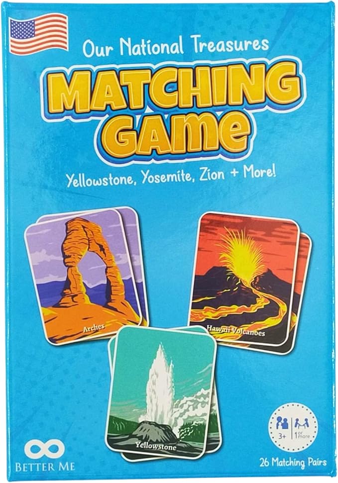 Better Me Our National Treasures Matching Game for Ages 3 & Up A Fun & Fast USA National Parks Memory Game for Kids. Yosemite, Yellowstone, Arches, Denali and More