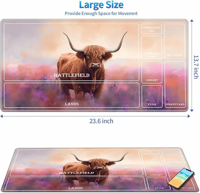 Playmat for MTG with Magic Zones, 24 x 14 inches Game Play Mat for MTG TCG, Trading Card Game Play Mat Desk Mats with Stitched Edges Non-Slip Base, Watercolor Painting Cow