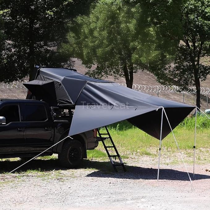 Travel Cat Rooftop Tent Hard Shell - Travel Cat Loft Overland Aluminium Roof Top Tent 4 Sides Windows & AC Duct Hole& Lights Belt for Car SUV Truck Camping for 2-3 People (Black)