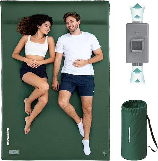 Double Camping Sleeping Pad with Electric Pump, 3.15" Thick 2 Person Self Inflating Memory Foam Mattress Pad with Pillow, Portable Sleeping Mat for Travel, Car, Tent, Home - Green, Full Size